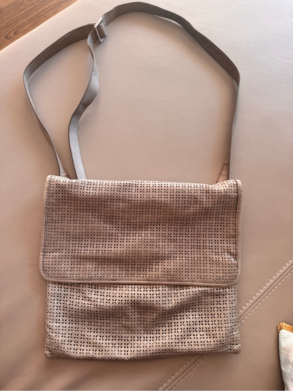 HOBO Beige Perforated Crossbody Bag w silver hardware